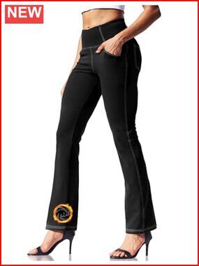 Womens Fleece Lined Flare Leggings High Waisted 4 Pockets Thermal Yoga Pants